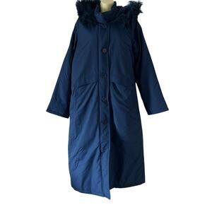 CW Classics Coat Women's Button Up Fur Hood Long Midnight Blue Size Medium
